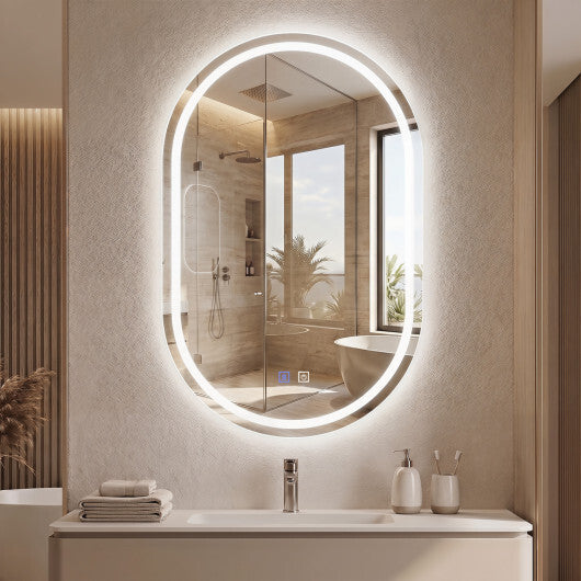 32x20" Oval LED Bathroom Mirror with Front & Backlight 3 Colors Stepless Dimming-Silver W2B