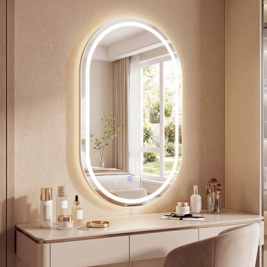 32x20" Oval LED Bathroom Mirror with Front & Backlight 3 Colors Stepless Dimming-Silver W2B