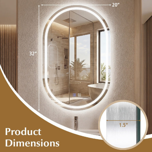32x20" Oval LED Bathroom Mirror with Front & Backlight 3 Colors Stepless Dimming-Silver W2B