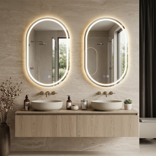 32x20" Oval LED Bathroom Mirror with Front & Backlight 3 Colors Stepless Dimming-Silver W2B
