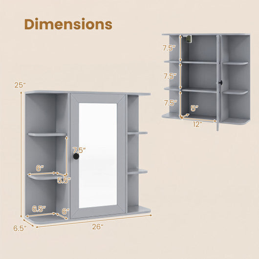 Wall Mounted Bathroom Medicine Cabinet with Mirror and Shelves-Gray W2B