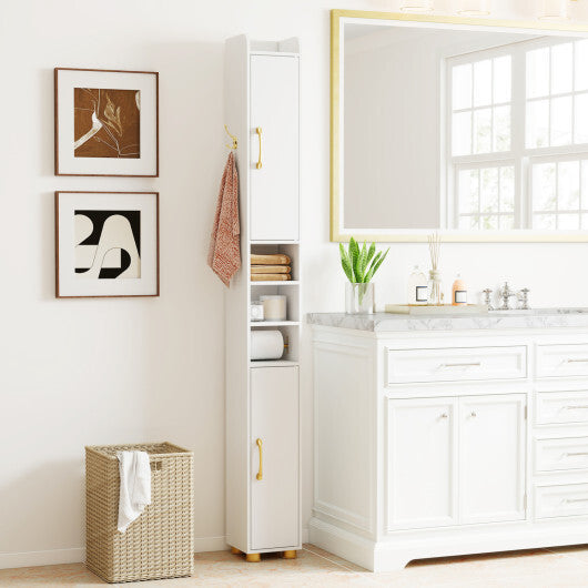 Narrow Bathroom Storage Cabinet with Open Shelves and Toilet Paper Holder-White W2B