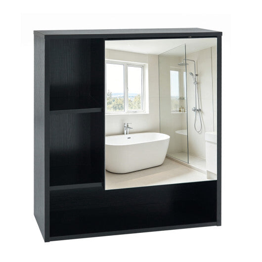 Wall-Mounted Mirror Cabinet with 2 Hidden Shelves and 3 Open Compartments-Black W2B