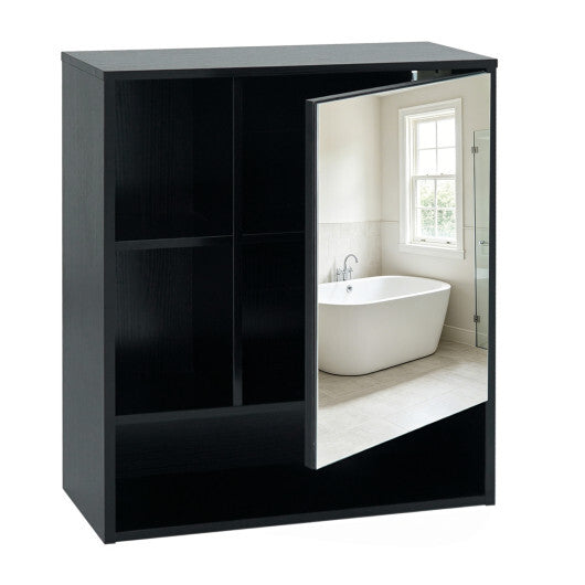 Wall-Mounted Mirror Cabinet with 2 Hidden Shelves and 3 Open Compartments-Black W2B