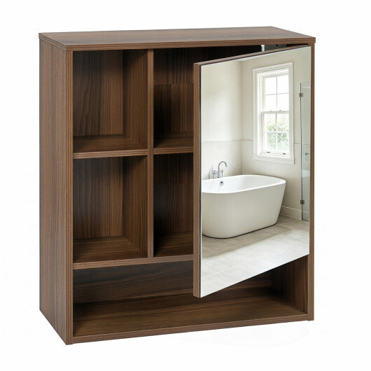 Wall-Mounted Mirror Cabinet with 2 Hidden Shelves and 3 Open Compartments-Black W2B