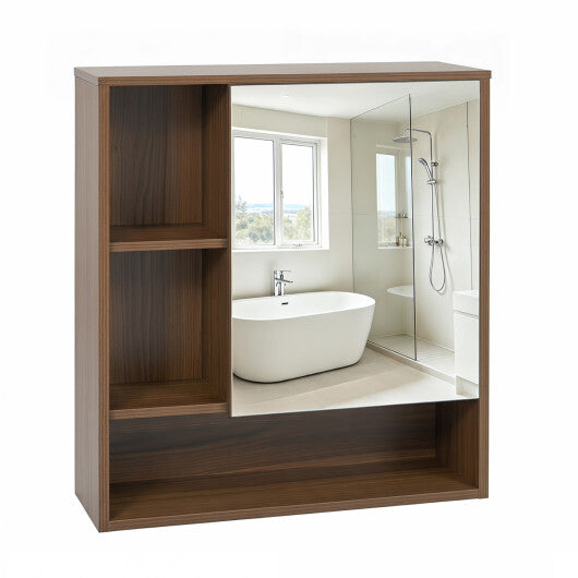 Wall-Mounted Mirror Cabinet with 2 Hidden Shelves and 3 Open Compartments-Black W2B