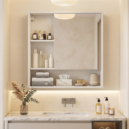 Wall-Mounted Mirror Cabinet with 2 Hidden Shelves and 3 Open Compartments-Black W2B