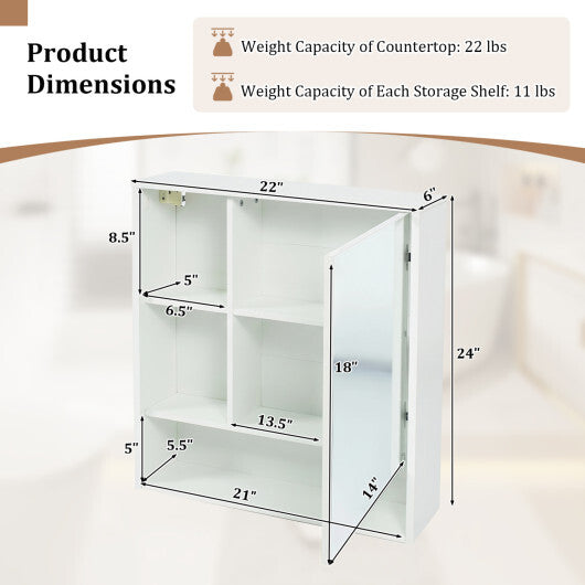 Wall-Mounted Mirror Cabinet with 2 Hidden Shelves and 3 Open Compartments-Black W2B