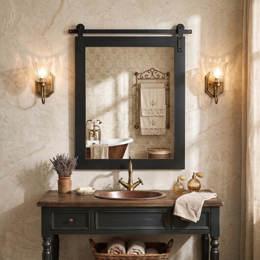 29" x 23" Rectangle Farmhouse Wall Mirror with Metal Bracket for Bathroom-Brown W2B