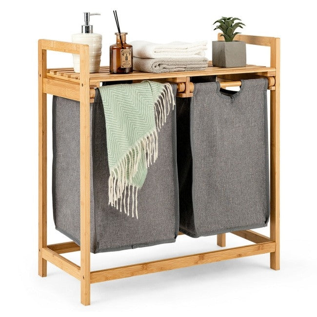 Natural Bamboo 2 Bin Sliding Laundry Hamper with Storage Shelf FastFurnishings