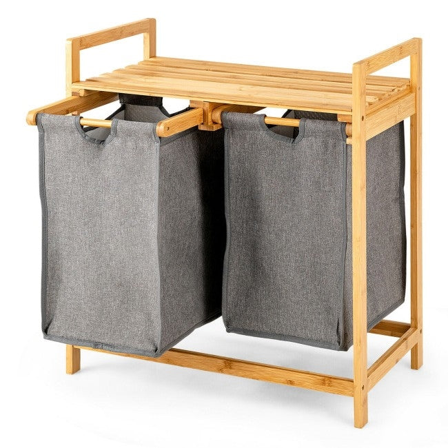 Natural Bamboo 2 Bin Sliding Laundry Hamper with Storage Shelf FastFurnishings