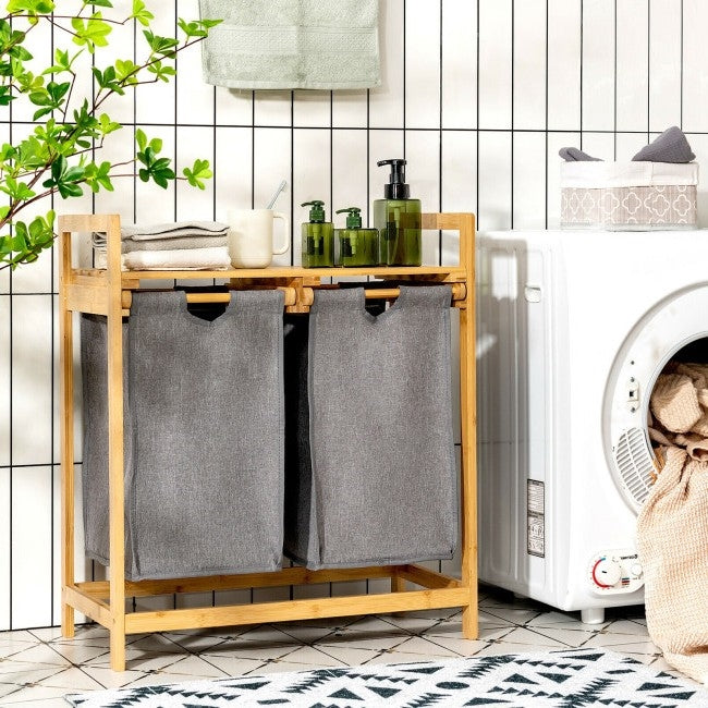 Natural Bamboo 2 Bin Sliding Laundry Hamper with Storage Shelf FastFurnishings