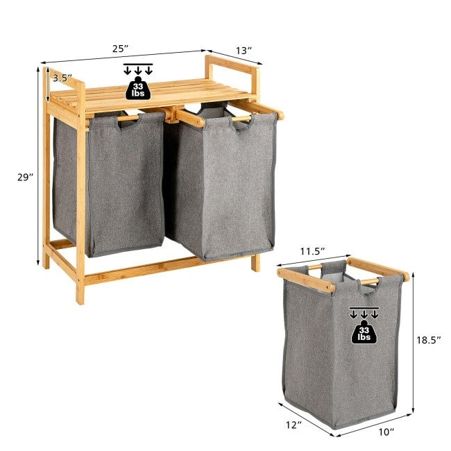 Natural Bamboo 2 Bin Sliding Laundry Hamper with Storage Shelf FastFurnishings
