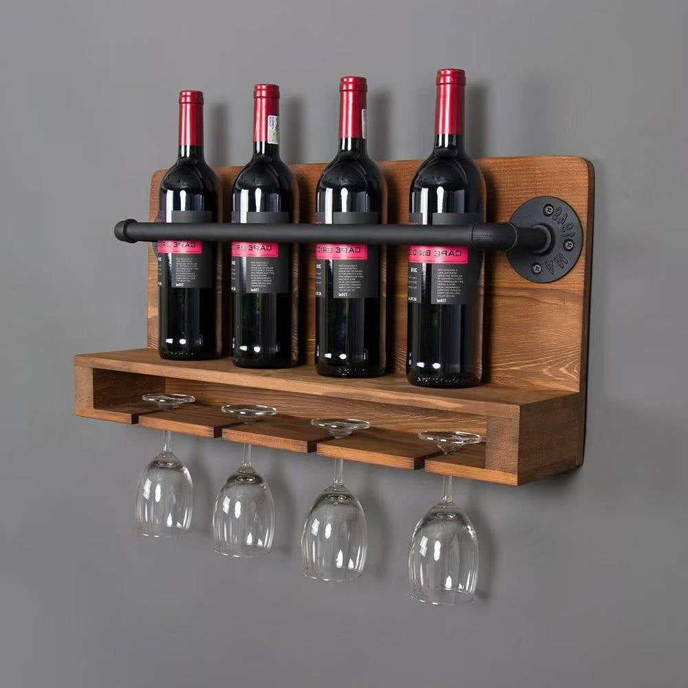 4 Bottle Rustic Farmhouse Wall Mounted Wine Rack with Glass Holder FastFurnishings