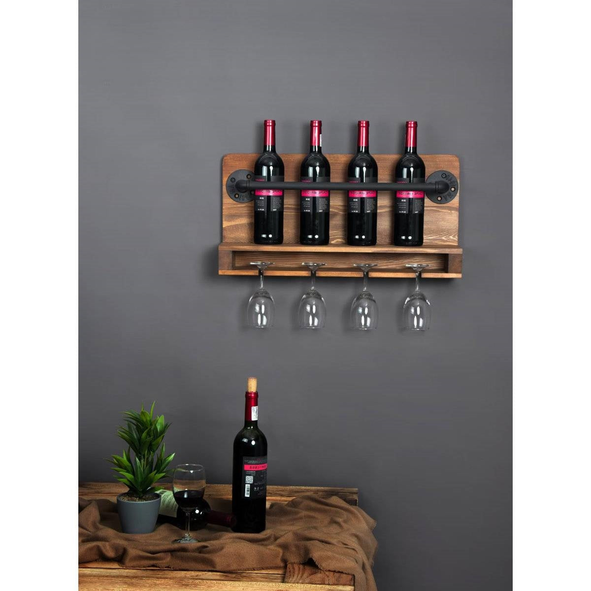 4 Bottle Rustic Farmhouse Wall Mounted Wine Rack with Glass Holder FastFurnishings