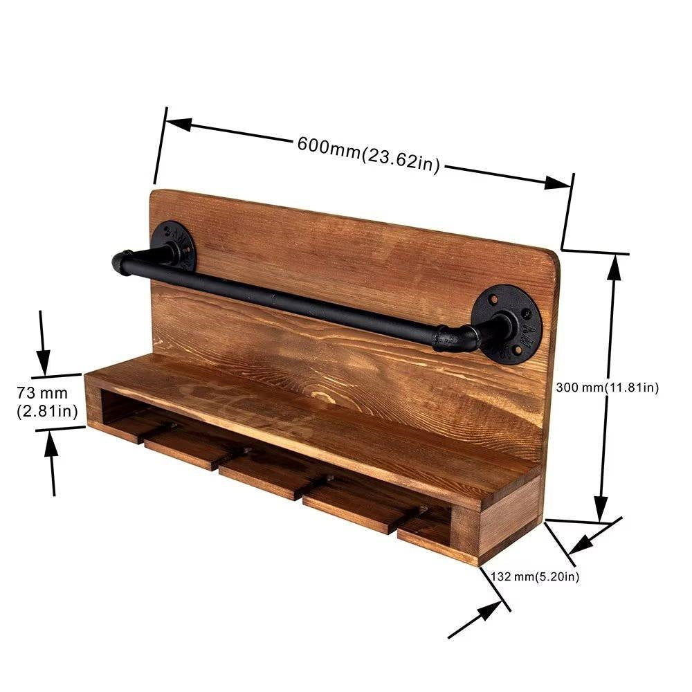 4 Bottle Rustic Farmhouse Wall Mounted Wine Rack with Glass Holder FastFurnishings