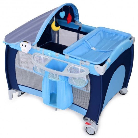 Foldable Baby Crib Playpen with Mosquito Net and Bag-Blue W2B