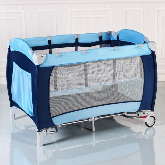 Foldable Baby Crib Playpen with Mosquito Net and Bag-Blue W2B