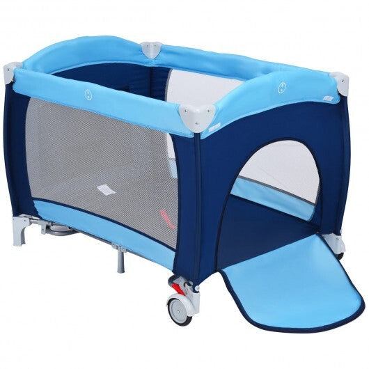 Foldable Baby Crib Playpen with Mosquito Net and Bag-Blue W2B