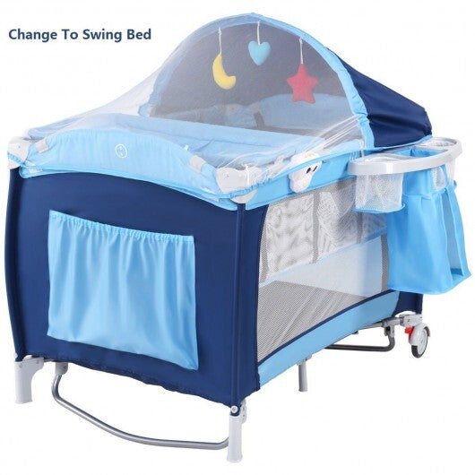 Foldable Baby Crib Playpen with Mosquito Net and Bag-Blue W2B