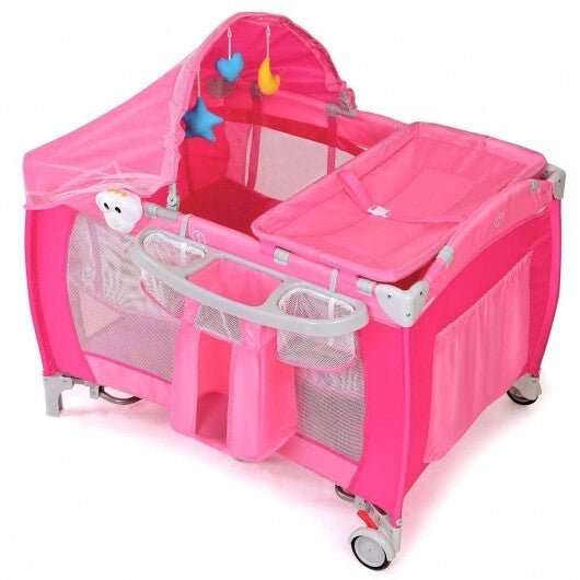 Foldable Baby Crib Playpen with Mosquito Net and Bag-Blue W2B