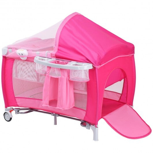 Foldable Baby Crib Playpen with Mosquito Net and Bag-Blue W2B