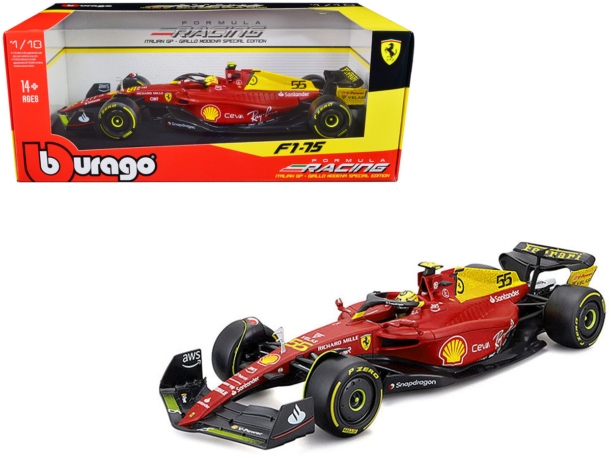Ferrari F1-75 #55 Carlos Sainz "Giallo Modena" Formula One F1 Italian GP (2022) "Formula Racing" Series 1/18 Diecast Model Car by Bburago Bburago