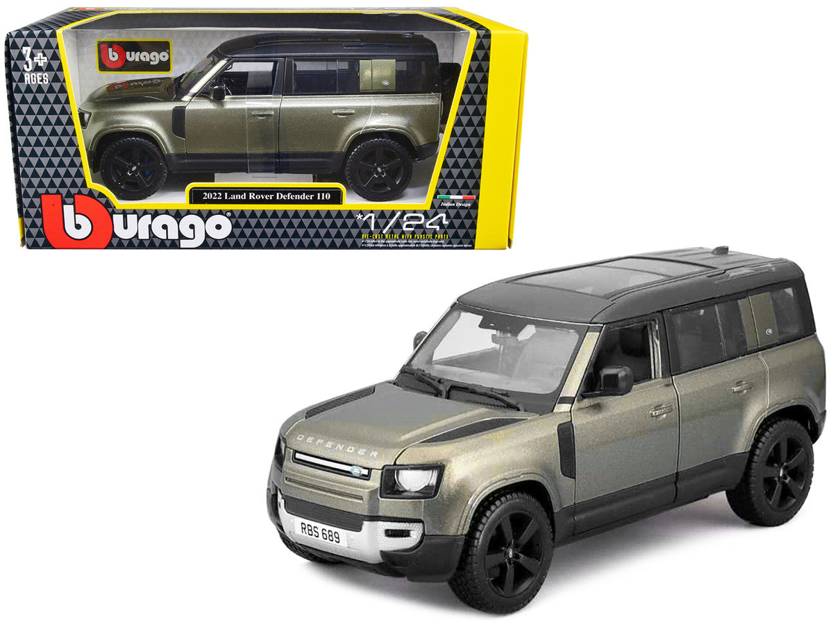 2022 Land Rover Defender 110 Green Metallic with Black Top and Sunroof 1/24 Diecast Model Car by Bburago Bburago