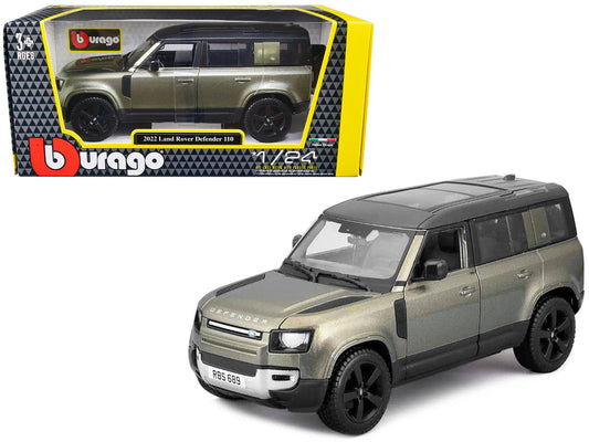 2022 Land Rover Defender 110 Green Metallic with Black Top and Sunroof 1/24 Diecast Model Car by Bburago Bburago