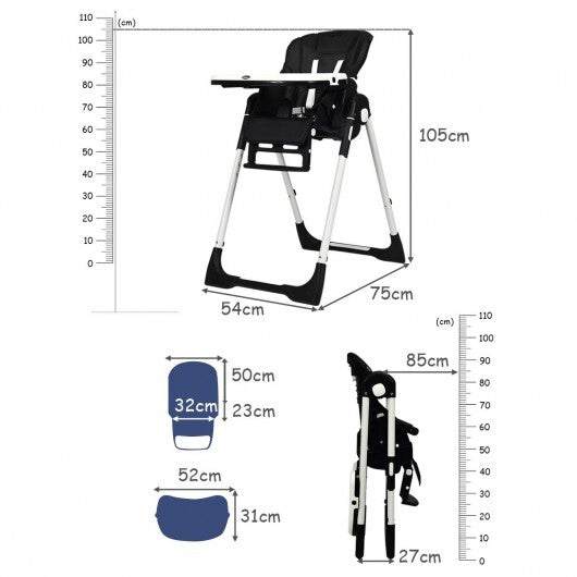 Foldable High chair with Multiple Adjustable Backrest-Black - Color: Black W2B