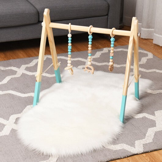 Portable 3 Wooden Newborn Baby Exercise Activity Gym Teething Toys Hanging Bar-Blue