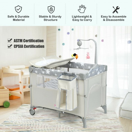 5-in-1  Portable Baby Beside Sleeper Bassinet Crib Playard with Diaper Changer-Beige