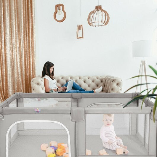 75 x 59 Inch Large Baby Playpen with Breathable Mesh and Zipper Doors-Gray