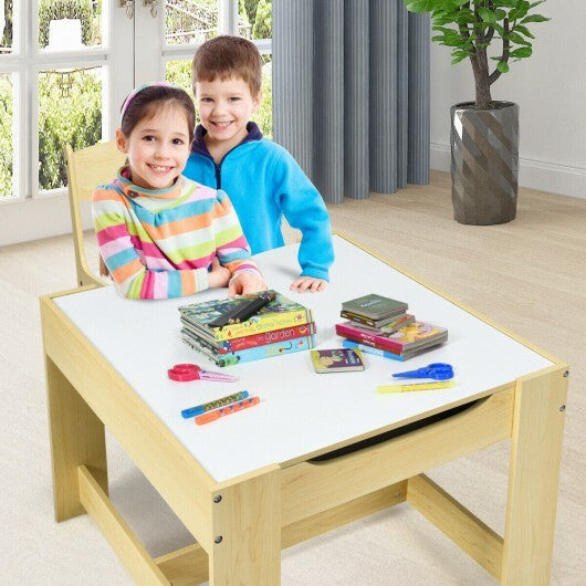 Kids Table Chairs Set With Storage Boxes Blackboard Whiteboard Drawing-Natural W2B