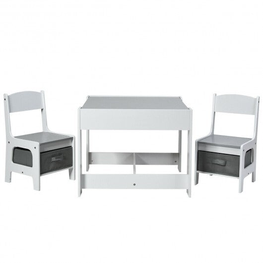 Kids Table Chairs Set With Storage Boxes Blackboard Whiteboard Drawing-White - Color: White W2B