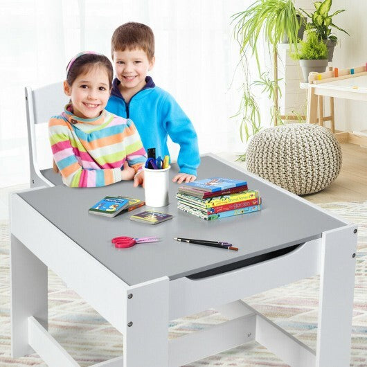 Kids Table Chairs Set With Storage Boxes Blackboard Whiteboard Drawing-White - Color: White W2B