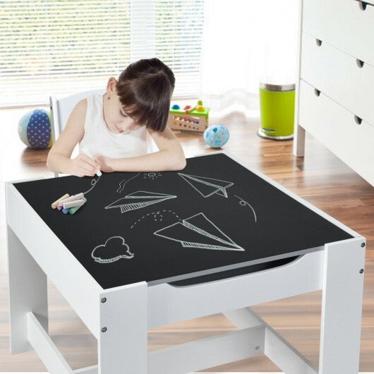 Kids Table Chairs Set With Storage Boxes Blackboard Whiteboard Drawing-White - Color: White W2B