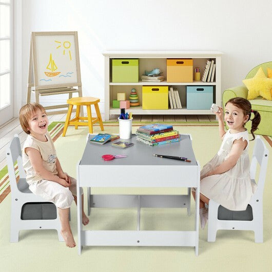 Kids Table Chairs Set With Storage Boxes Blackboard Whiteboard Drawing-White - Color: White W2B
