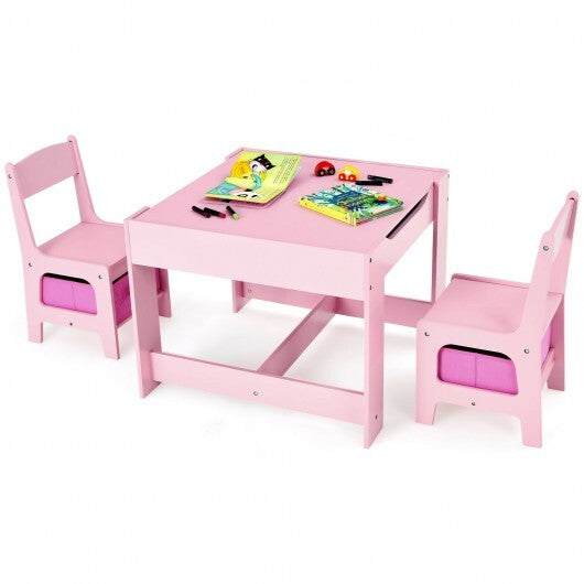 Kids Table Chairs Set With Storage Boxes Blackboard Whiteboard Drawing-Pink - Color: Pink W2B