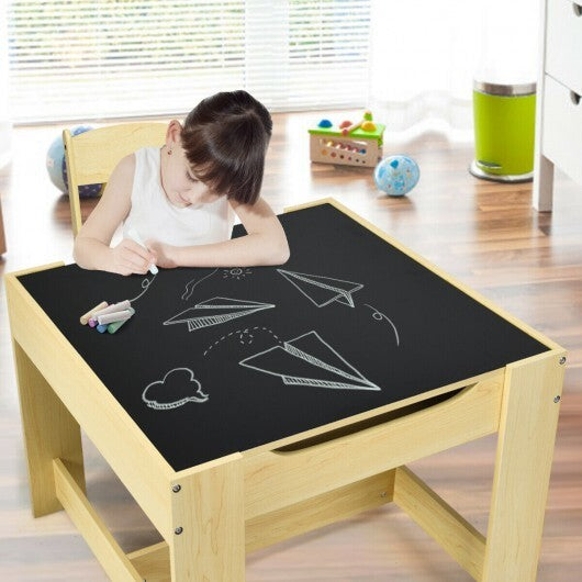 Kids Table Chairs Set With Storage Boxes Blackboard Whiteboard Drawing-Natural W2B