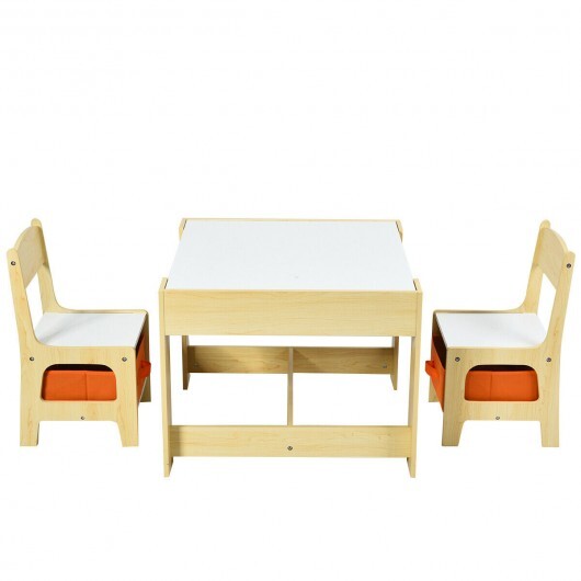 Kids Table Chairs Set With Storage Boxes Blackboard Whiteboard Drawing-Natural W2B
