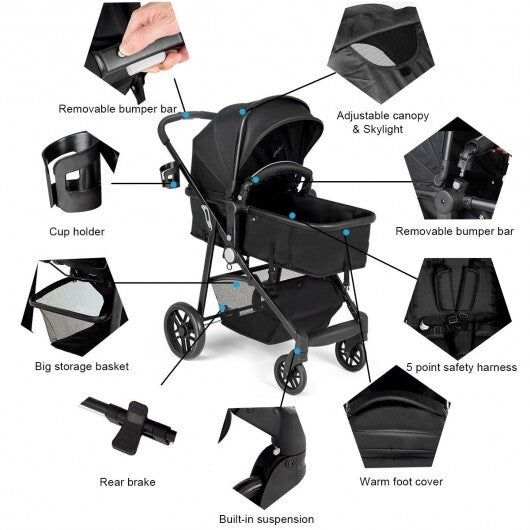 2-in-1 Foldable Pushchair Newborn Infant Baby Stroller-Black W2B
