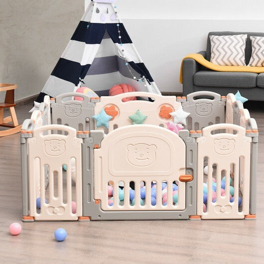 Foldable Baby Playpen 14 Panel Activity Center Safety Play Yard-Beige