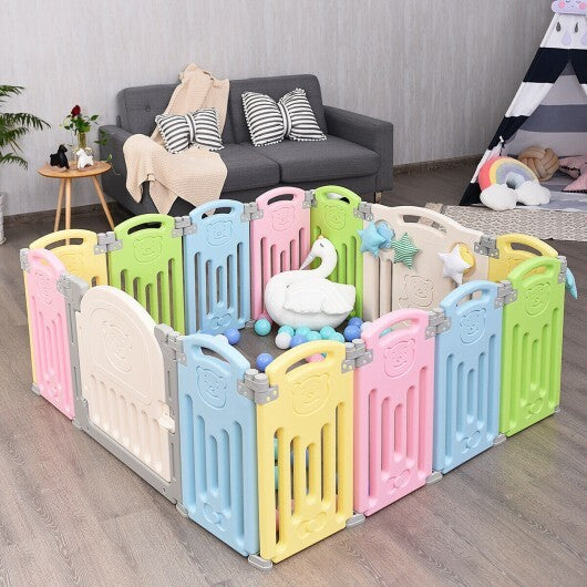 Foldable Baby Playpen 14 Panel Activity Center Safety Play Yard-Beige