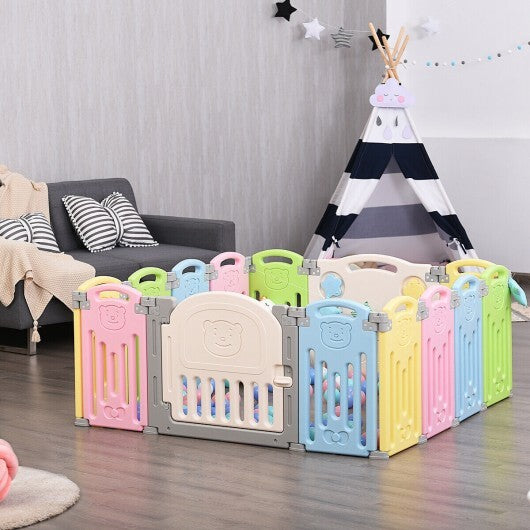 Foldable Baby Playpen 14 Panel Activity Center Safety Play Yard-Beige