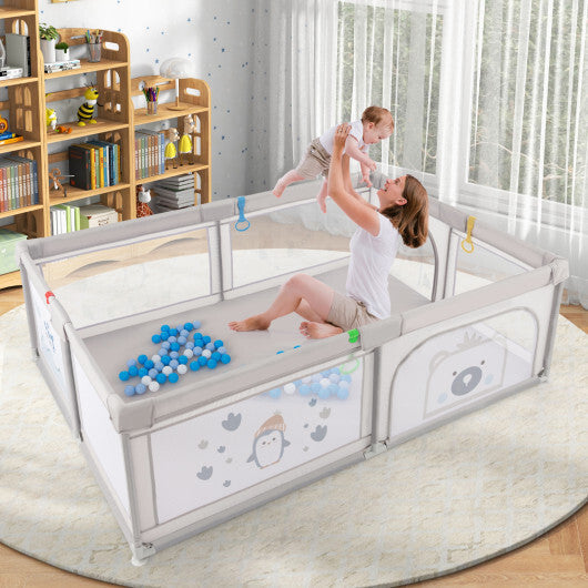 Large Baby Playpen with Pull Rings Ocean Balls and Cute Pattern-Penguin W2B