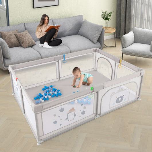 Large Baby Playpen with Pull Rings Ocean Balls and Cute Pattern-Penguin W2B