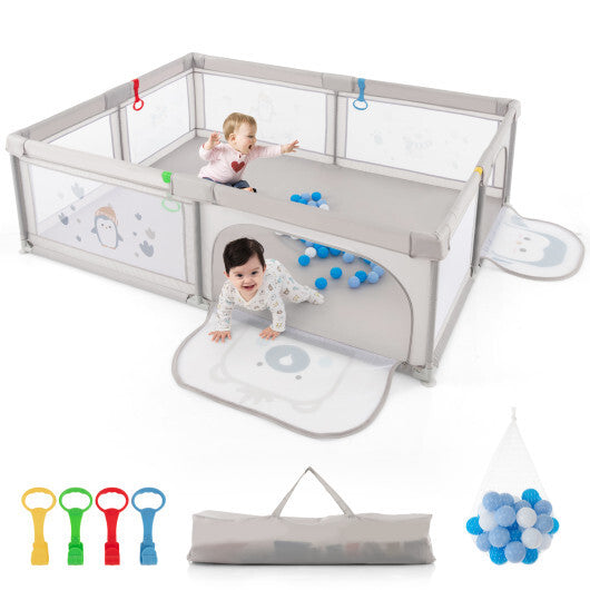 Large Baby Playpen with Pull Rings Ocean Balls and Cute Pattern-Penguin W2B