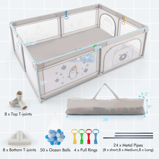 Large Baby Playpen with Pull Rings Ocean Balls and Cute Pattern-Penguin W2B