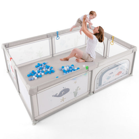 Large Baby Playpen with Pull Rings Ocean Balls and Cute Pattern-Penguin W2B